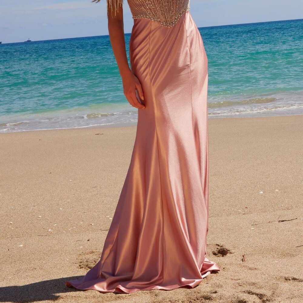 NEW FORMAL OFF SHOULDER LONG SHEATH SATIN DRESS W/ RHINESTONES FRINGE NX F1568 - Picture 9 of 12